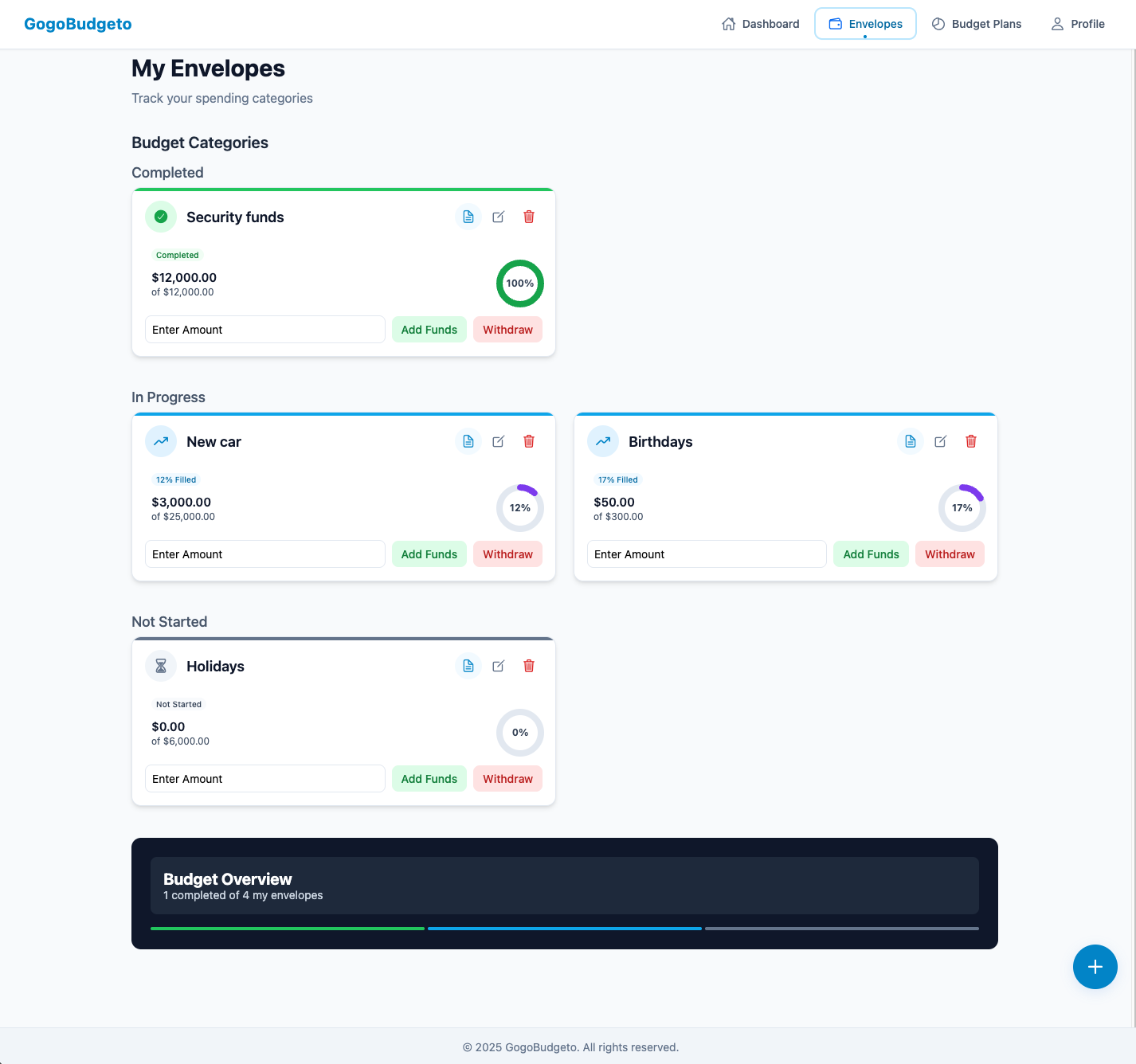 Interface de création d'enveloppes pour catégoriser les économies dans GoGoBudgeto