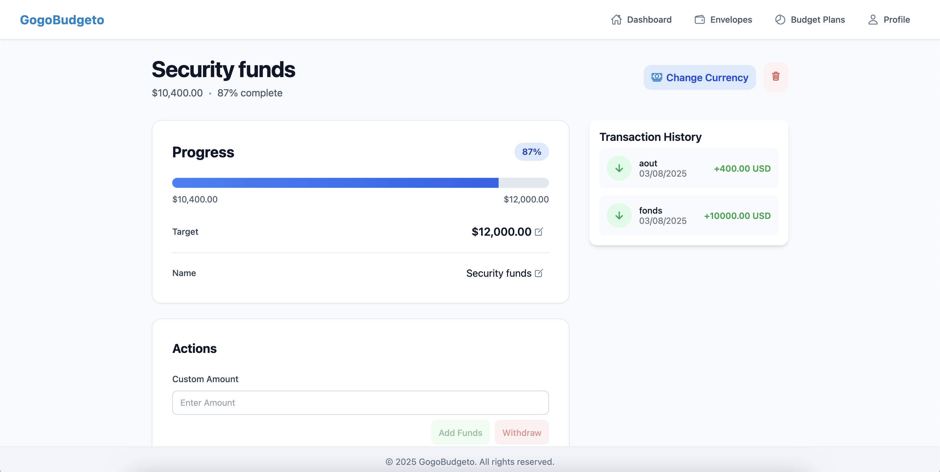 Historique détaillé des mouvements sur les enveloppes dans GoGoBudgeto